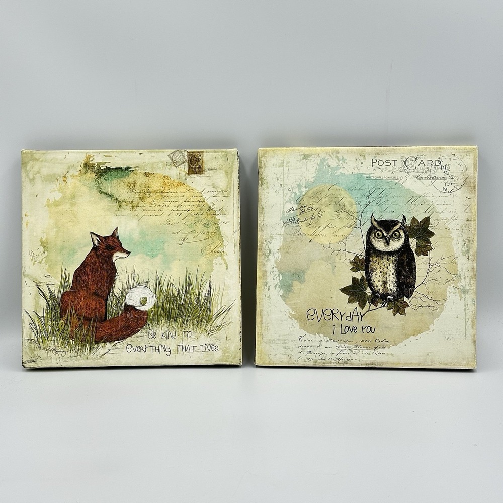 Darche Texas Wall Art Set of 2 Canvas Panels 8" Woodland Fox & Owl Cottagecore